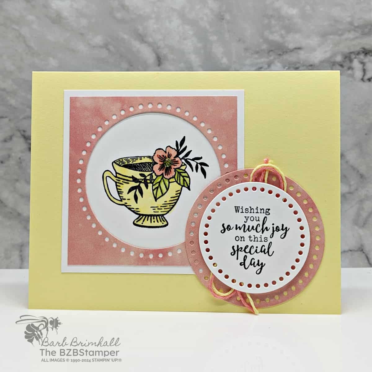 Everyday Details Bundle by Stampin Up 1 Everyday Details Bundle by Stampin Up featuring pretty paper in corals and yellow and a teacup with a flower in it and an all-occasion sentiment.
