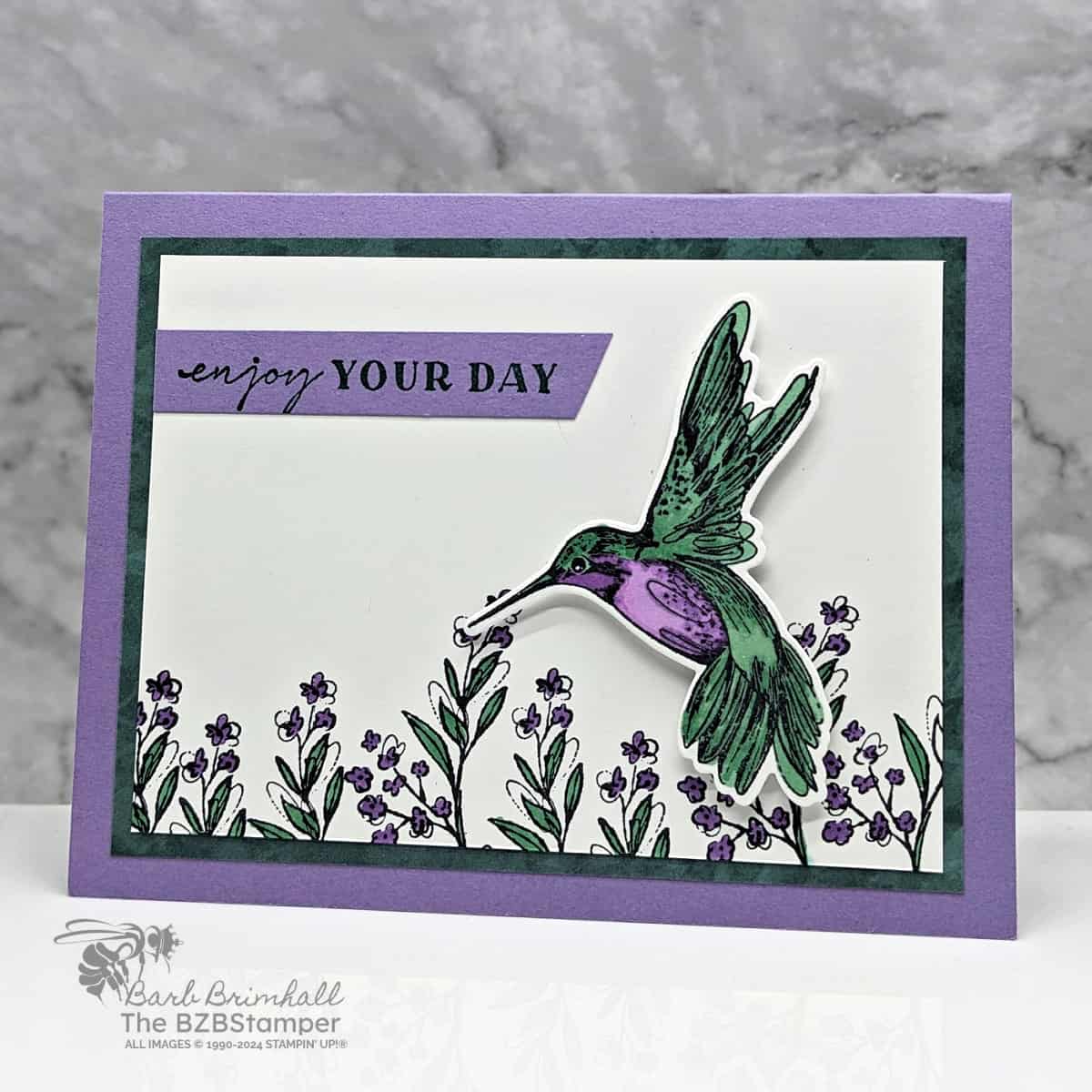 Embrace Creativity with the Thoughtful Expressions Bundle 1 Embrace Creativity with the Thoughtful Expressions Bundle in purple and green featuring flowers and a hummingbird and an "enjoy your day" sentiment.