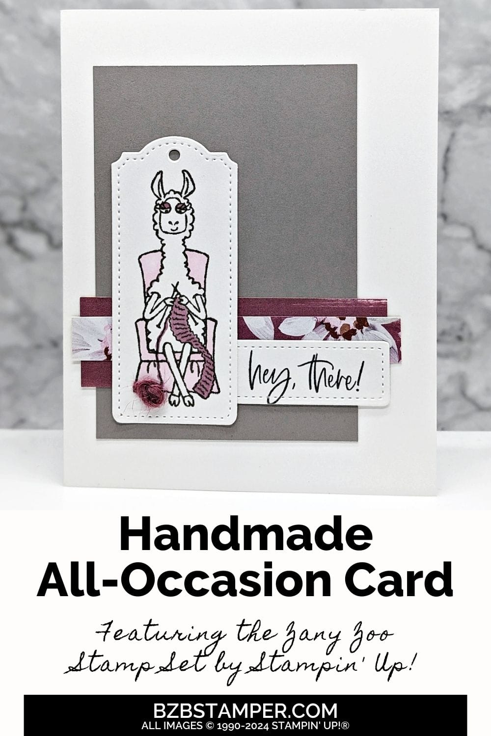 Time to Get Crafty with the Zany Zoo Stamp Set 6 Time to Get Crafty with the Zany Zoo Stamp Set featuring a Llama knitting in grays and pinks.