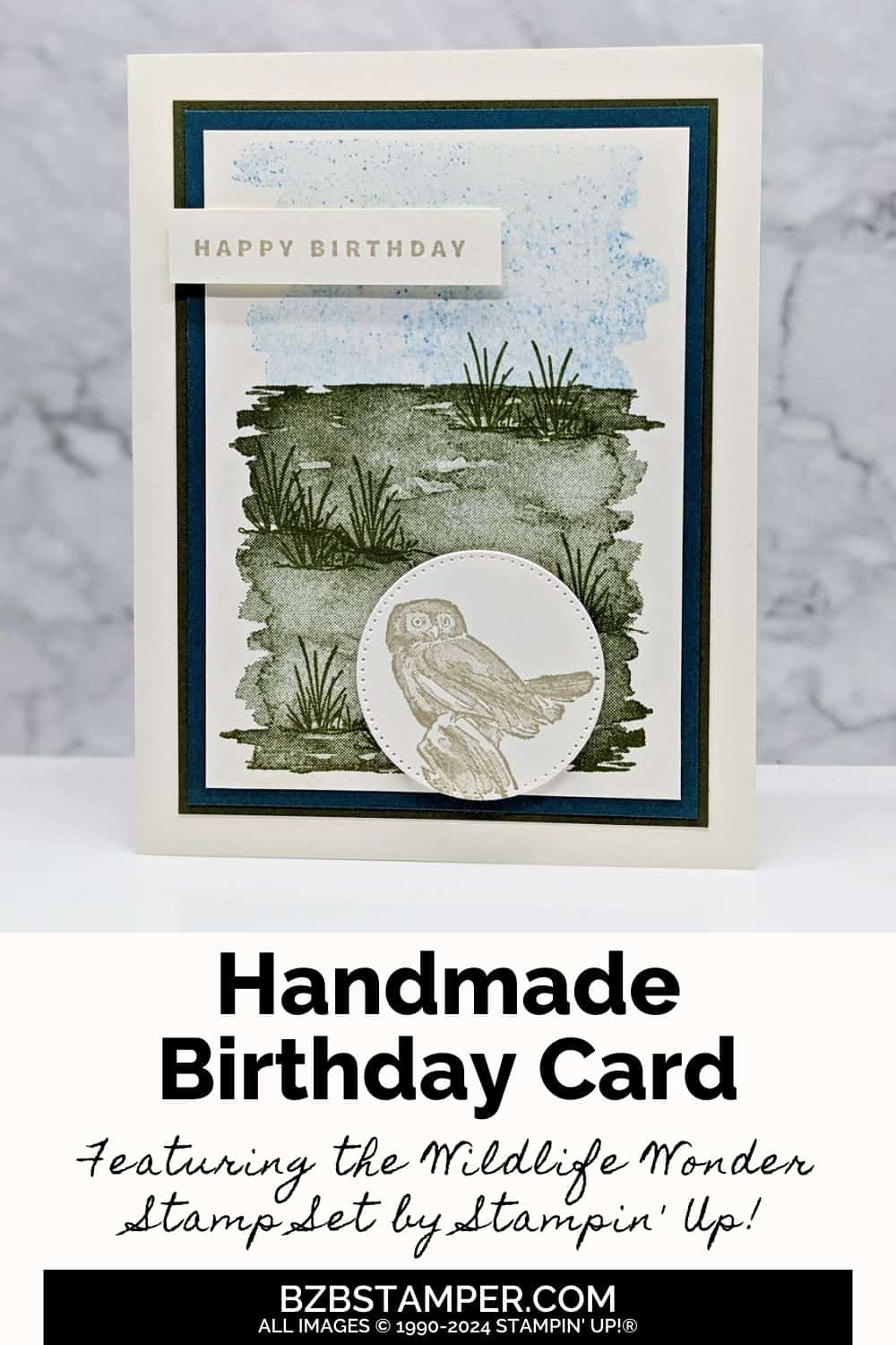 Craft with Nature Using the Wildlife Wonder Stamps featuring an owl and a beach background scene with a Happy Birthday sentiment.