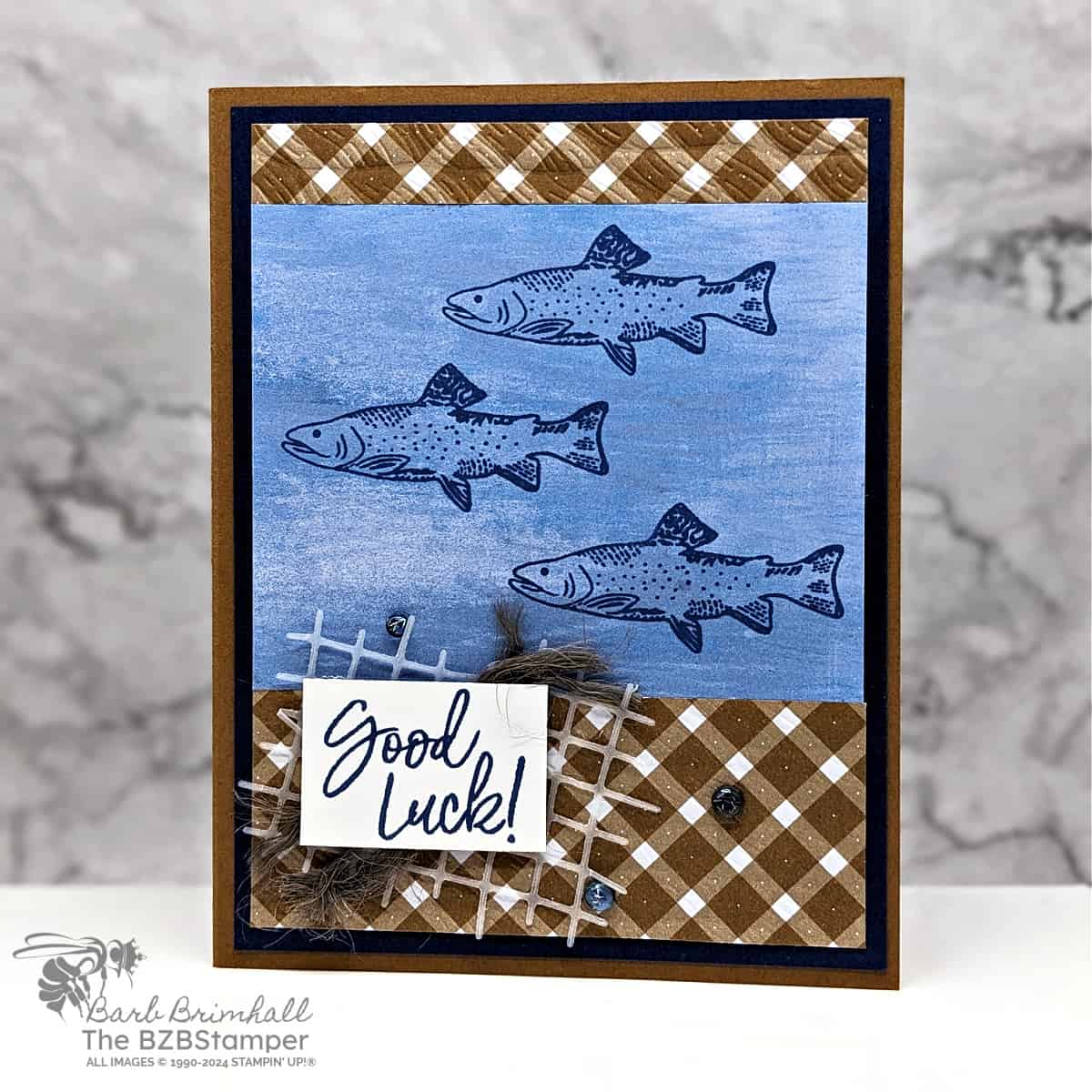Reel In Joy with the Gone Fishing Stamp Set 1 Reel In Joy with the Gone Fishing Stamp Set in browns and blues featuring fish swimming an plaid paper as background.