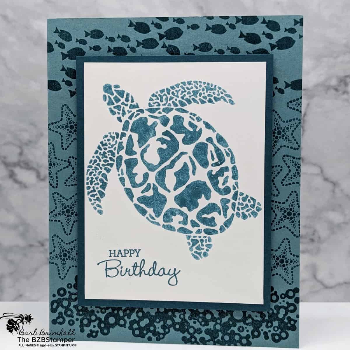 Celebrating Birthdays with the Sea Turtle Stamp Set 1 Celebrating Birthdays with the Sea Turtle Stamp Set in greens featuring starfish, fish, bubbles and a large turtle with a Happy Birthday Sentiment.