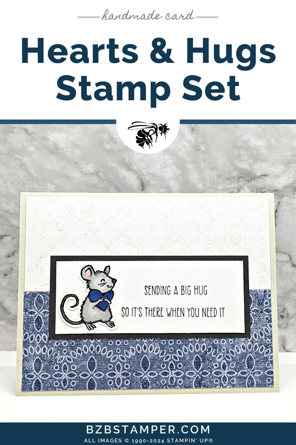 Hearts and Hugs Bundle by Stampin' Up! 5 Hearts and Hugs Bundle by Stampin' Up! in ivory, navy and gray. Features a cute mouse image and a "sending a big hug so it's there when you need it" sentiment.