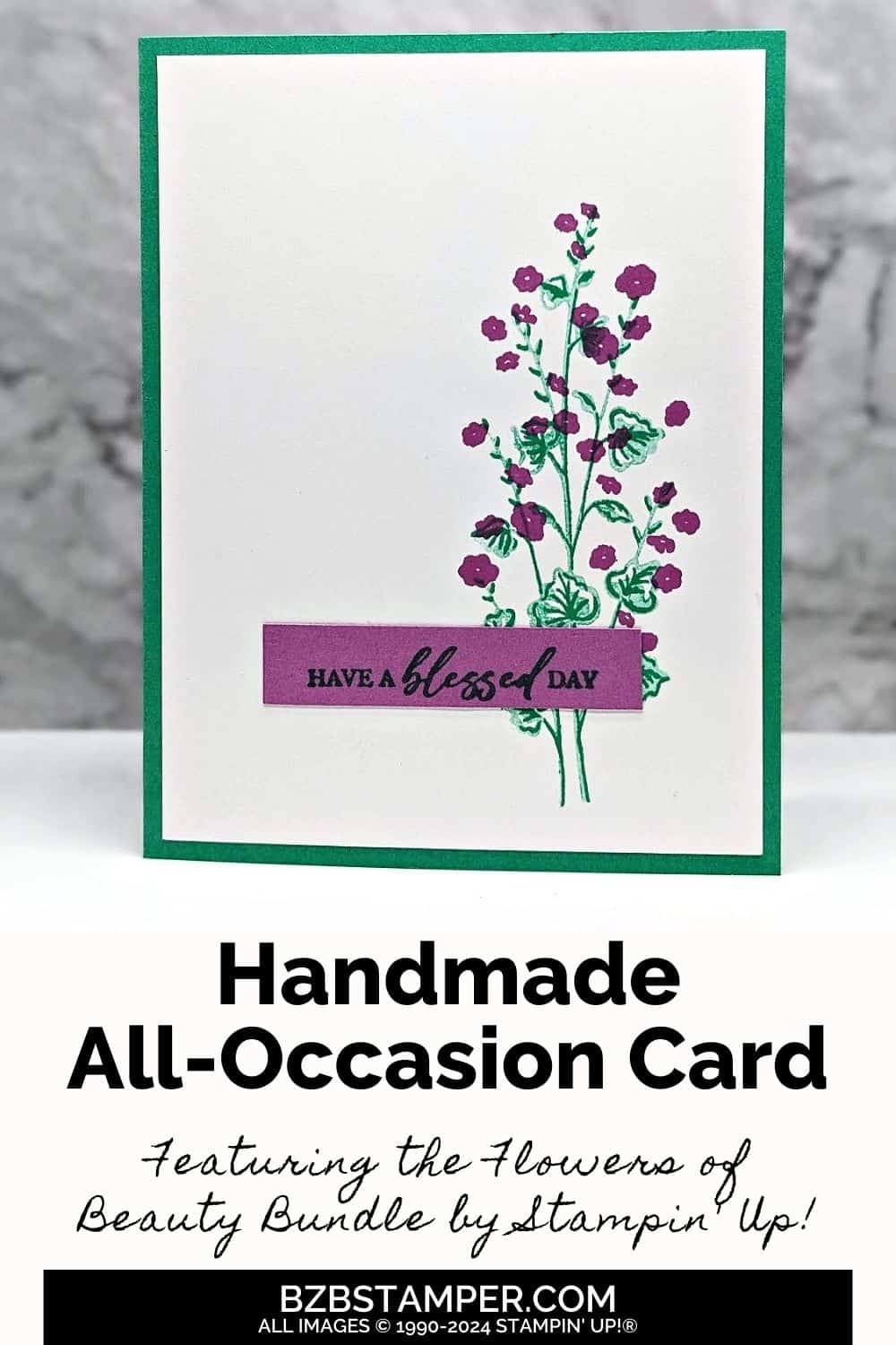 Peaceful Expressions with the Flowers of Beauty Stamp Set 6 Peaceful Expressions with the Unbounded Love Bundle featuring flowers and leaves in green and purple. Sentiment is "have a blessed day."