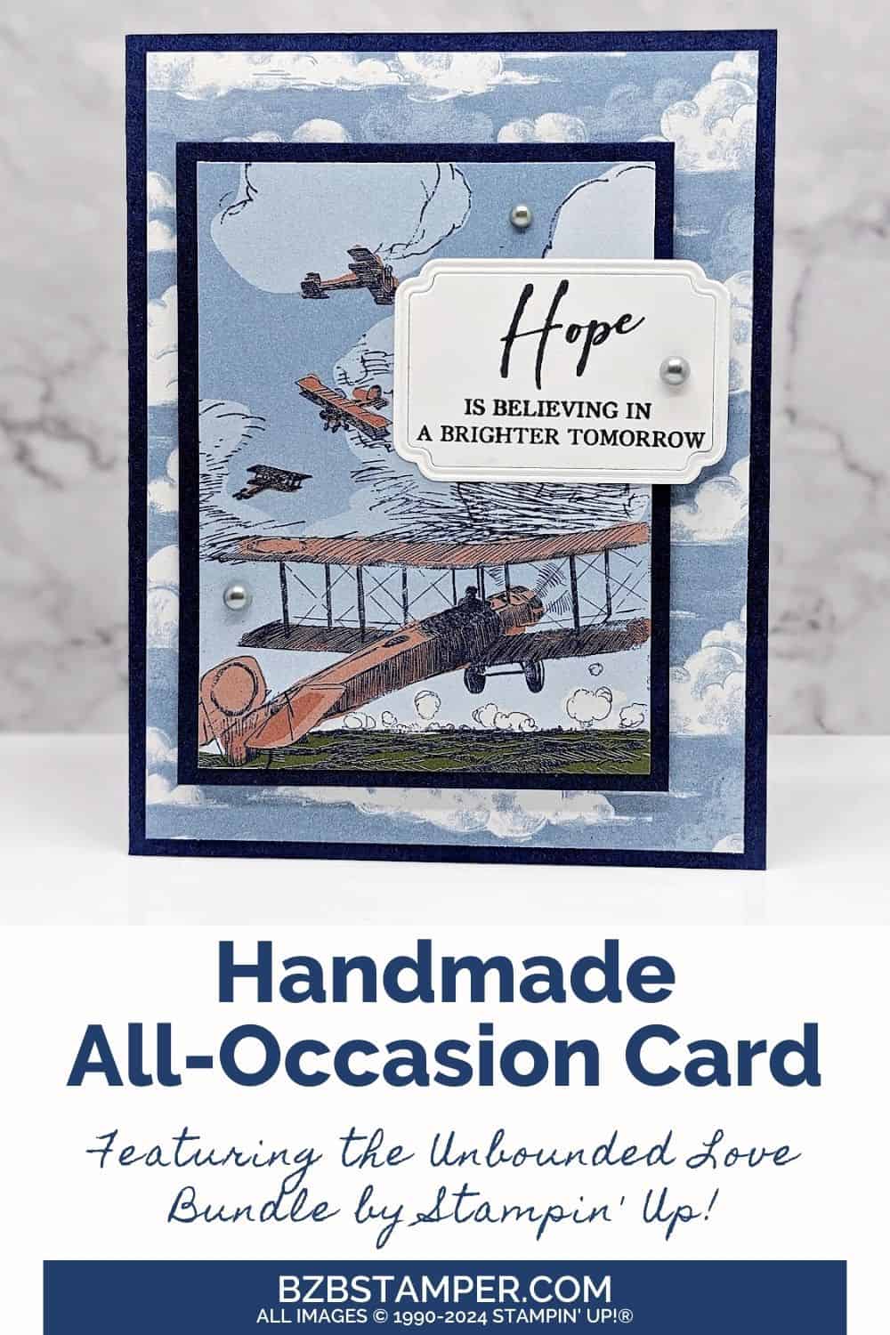 Crafting Hope: Inspirational Card Tutorial 5 Crafting Hope: Inspirational Card Tutorial featuring old-fashioned airplane paper and sentiment that says "hope is believing in a brighter tomorrow." Primarily in blues and browns.
