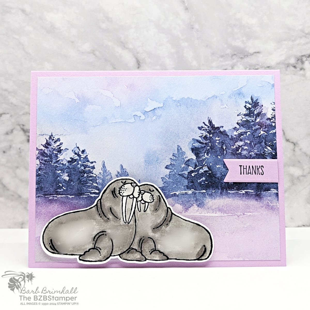 Thank You Card Using The Hearts and Hugs Bundle 1 Thank You Card Using The Hearts and Hugs Bundle featuring 2 seals with a blue and purple tree background.