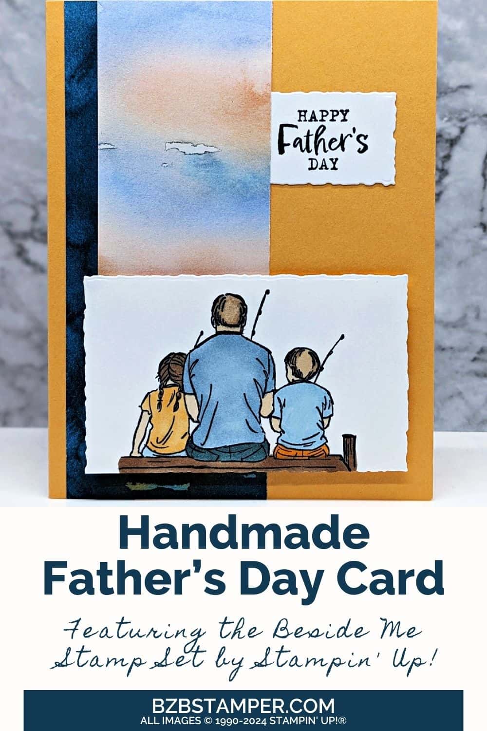 Beside Me Stamp Set by Stampin Up 5 Beside Me Stamp Set by Stampin Up featuring a Happy Father's Day sentiment with a dad and 2 children fishing off a pier.