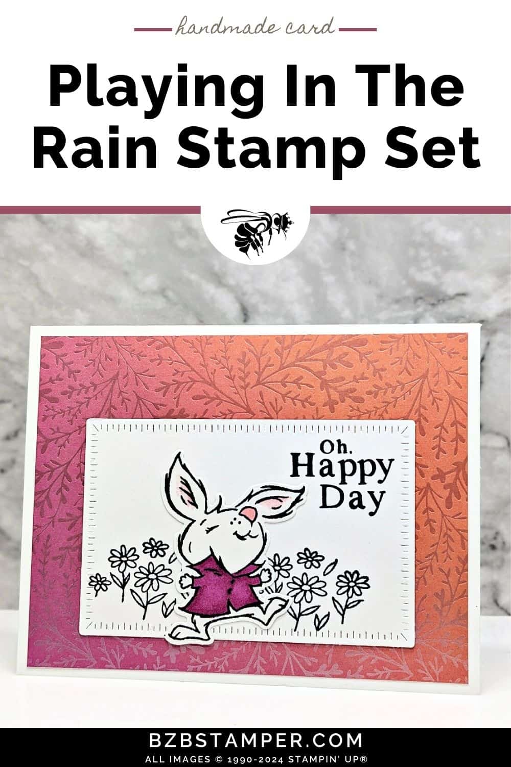 Spring Crafting Oh Happy Day Bunny Card 5 Spring Crafting: Oh Happy Day Bunny Card featuring an orange background paper with a bunny in a purple shirt playing among flowers.