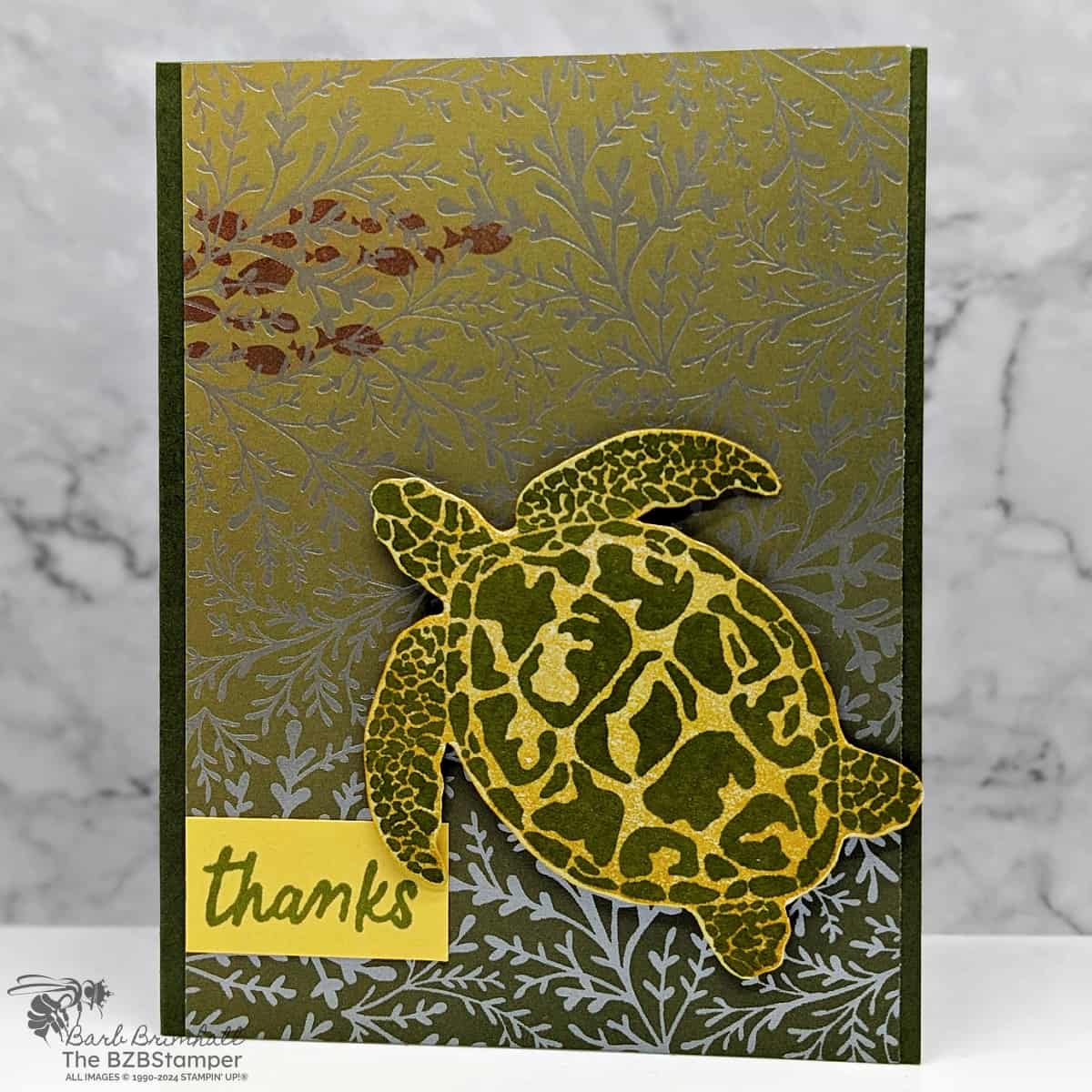 Dive into Crafting with the Sea Turtle Stamp Set 1 Dive into Crafting with the Sea Turtle Stamp Set in greens and browns, featuring a large turtle and school of fish with "thanks" sentiment.