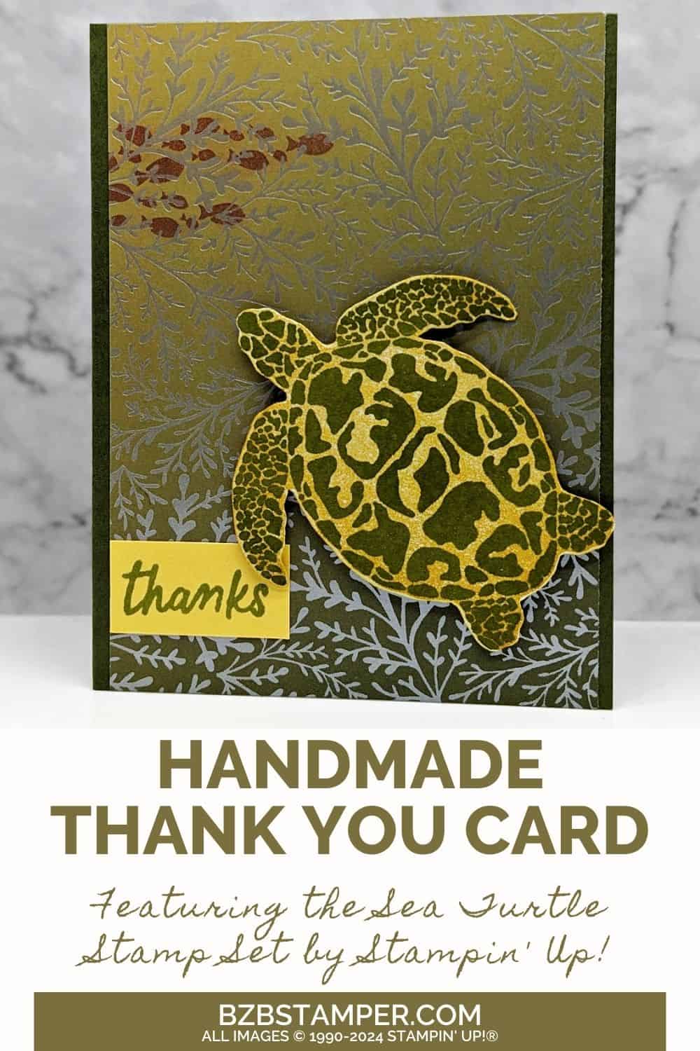 Dive into Crafting with the Sea Turtle Stamp Set 5 Dive into Crafting with the Sea Turtle Stamp Set in greens and browns, featuring a large turtle and school of fish with "thanks" sentiment.