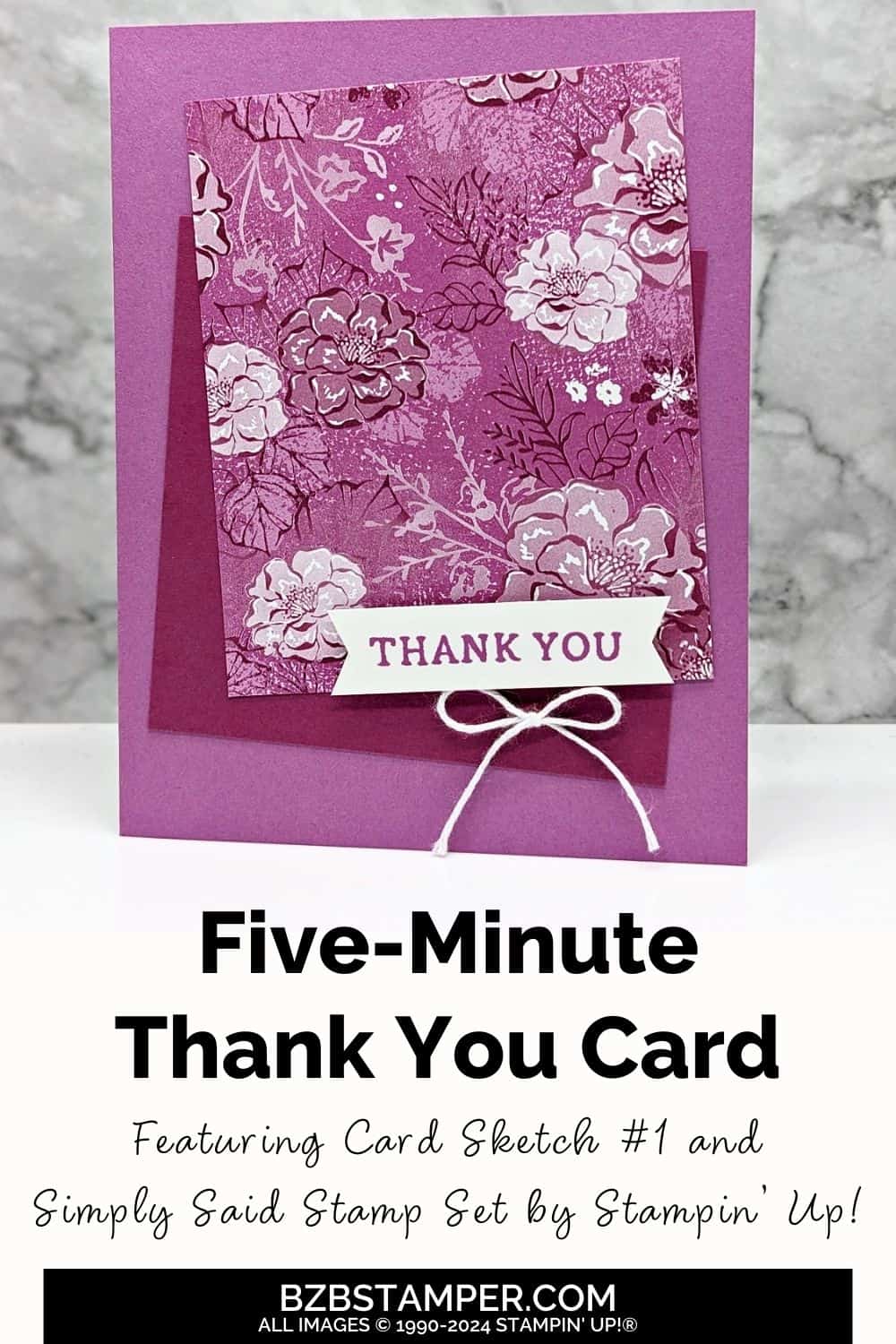 5 Minute Thank You Card Using Card Sketch 1 6 5 Minute Thank You Card Using Card Sketch 1 featuring pretty floral paper in different shades of purple.