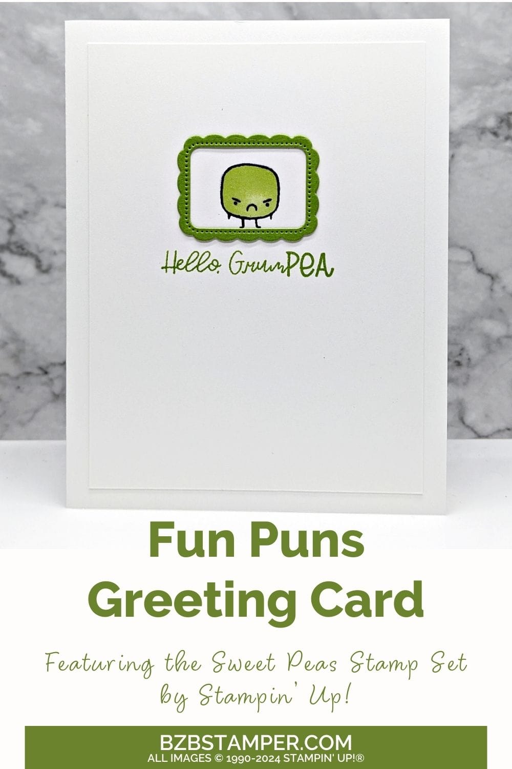 Sarcastic and fun Cards with the Sweet Peas Stamp Set featuring a pea with a frown and a "hello grumPEA" sentiment.