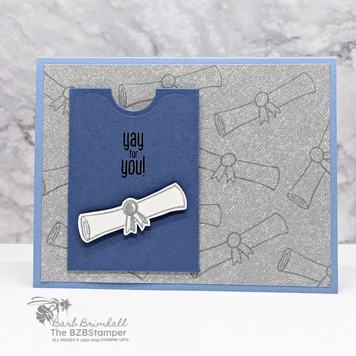 Handmade Graduation Cards 1 Handmade Graduation Cards using the Pocket Thoughts Bundle in blues and grays. Has a scroll on front of the gift card holder pocket with a "yay for you" sentiment.