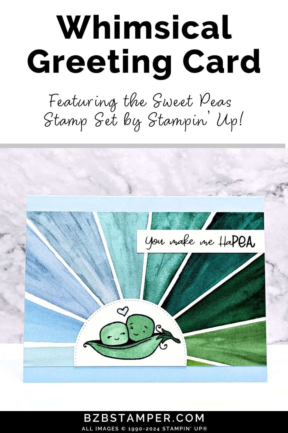 Crafting Joy with the Sweet Peas Stamp Set 6 Crafting Joy with the Sweet Peas Stamp Set by Stampin' Up in blues and greens. Two peas in a pod cute image with a "you make me haPEA" sentiment.