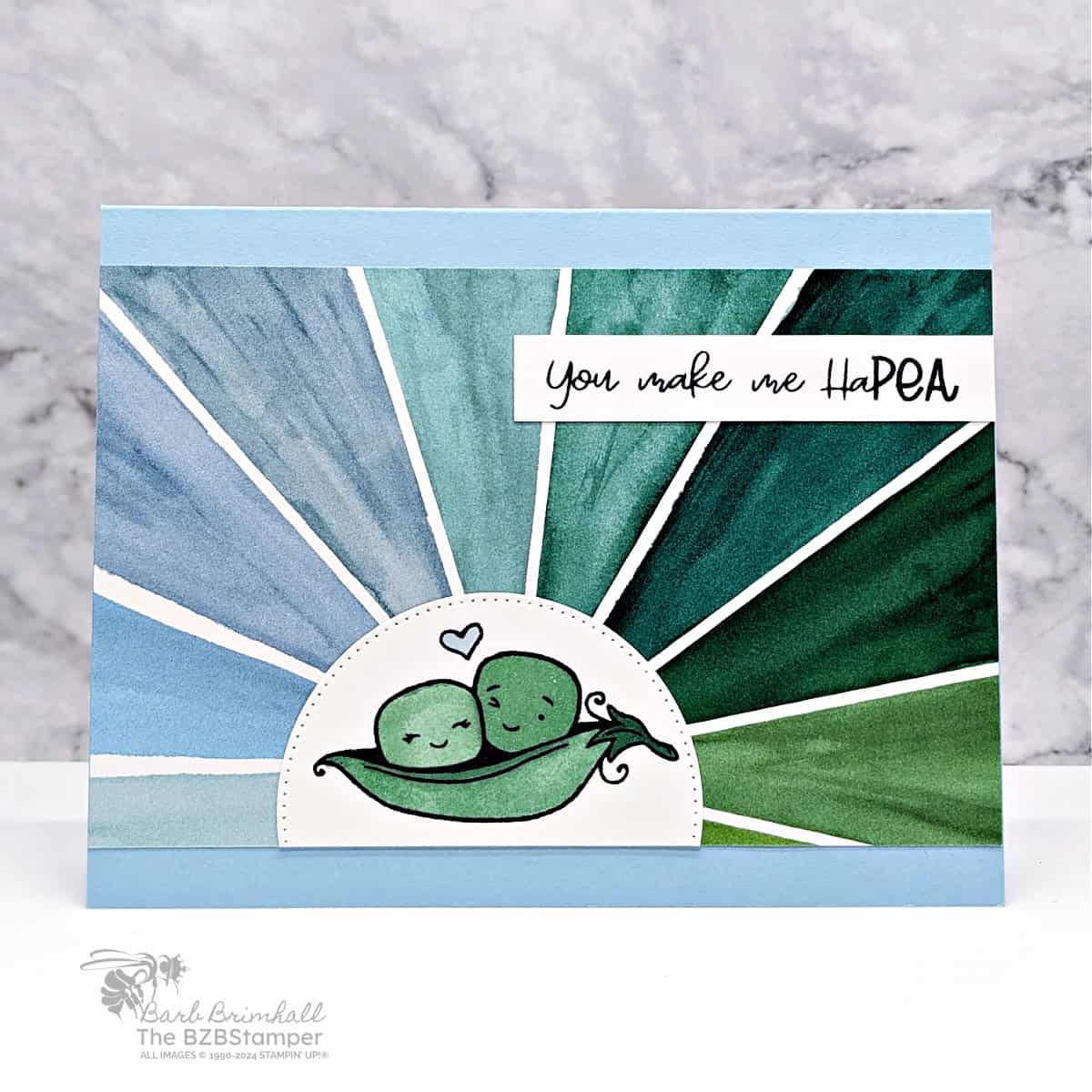 Crafting Joy with the Sweet Peas Stamp Set 1 Crafting Joy with the Sweet Peas Stamp Set by Stampin' Up in blues and greens. Two peas in a pod cute image with a "you make me haPEA" sentiment.