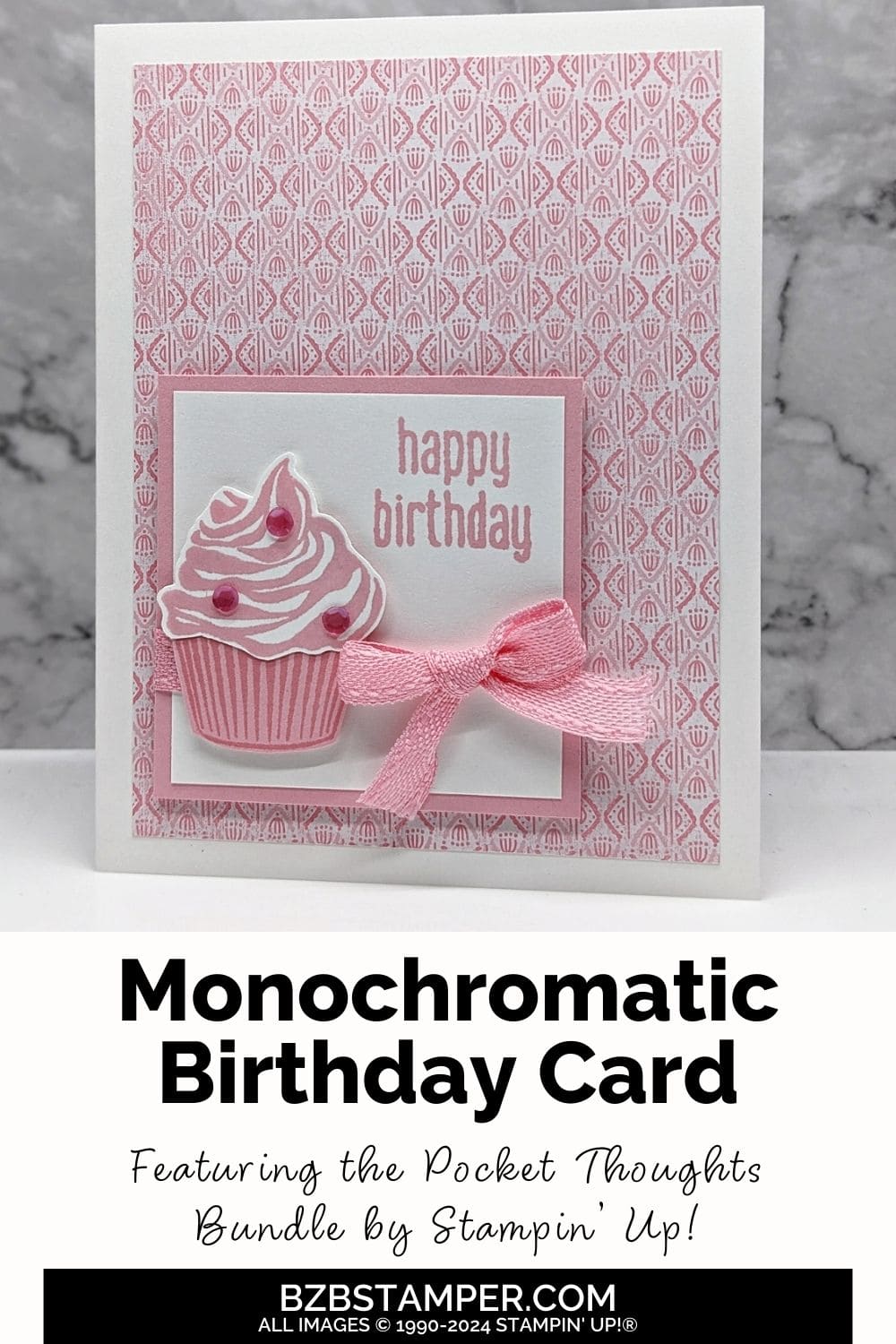 Pocket Thoughts Birthday Card 5 The Pocket Thoughts Birthday Card features a pink cupcake, pink embellishments, happy birthday sentiment, and pink ribbon.