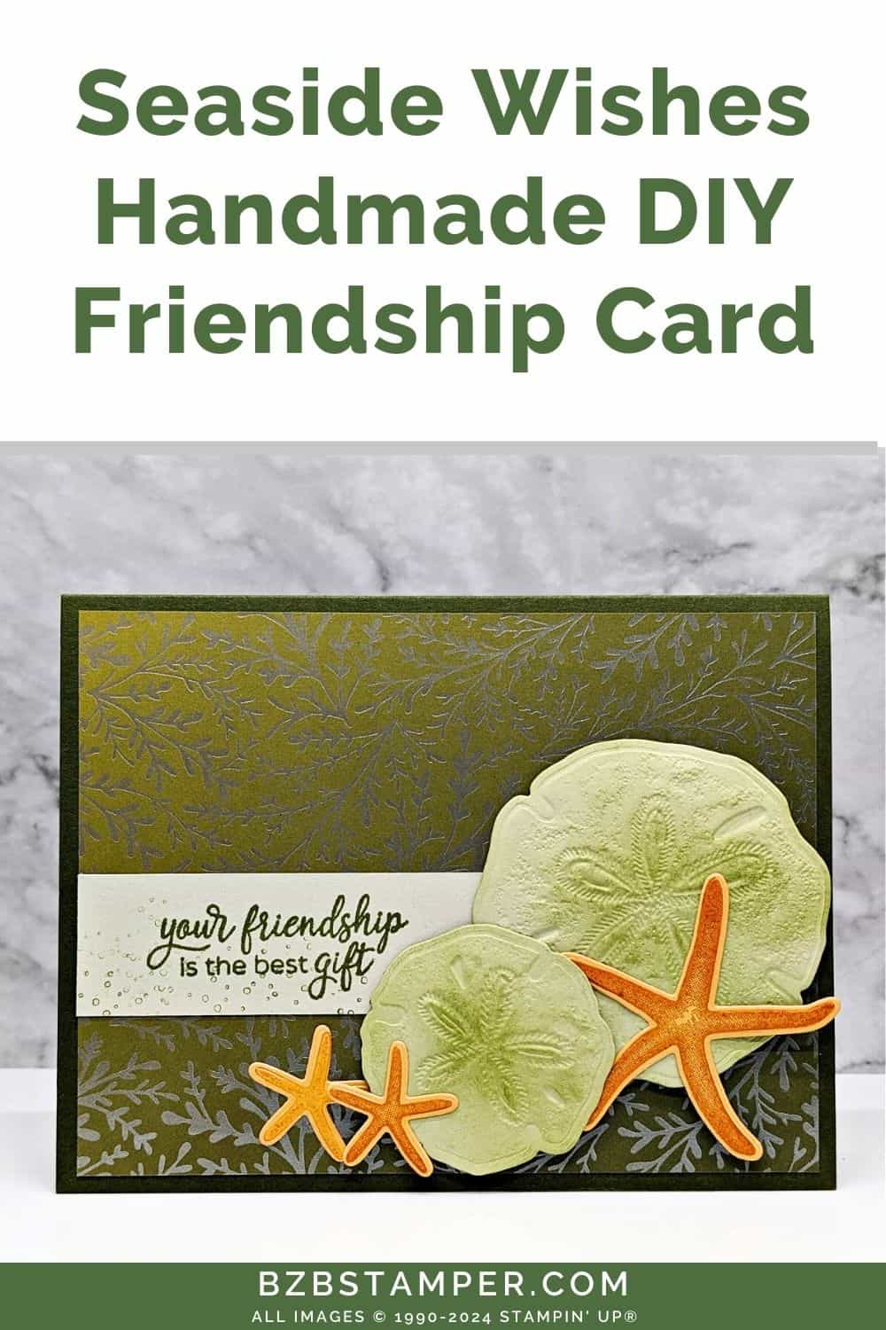 Handmade Seaside Wishes Friendship Card 6 Handmade Seaside Wishes Friendship Card featuring seashells and starfish with pretty paper background. Sentimet is "your friendship is the best gift."
