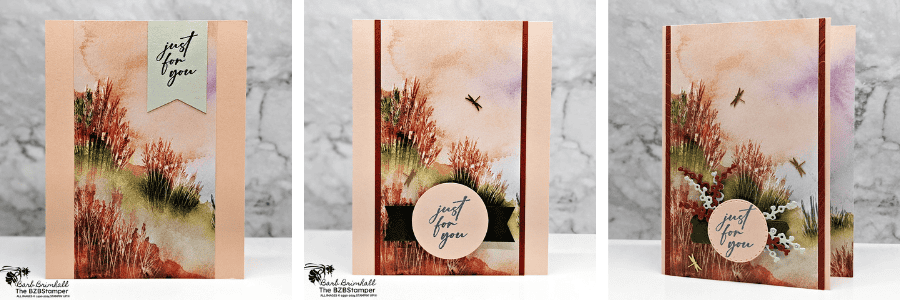 3 Cards using the Unbounded Love Bundle 1 3 Cards using the Unbounded Love Bundle featuring a "Just for you" sentiment card and nature scene Designer Paper in rust and peach colors.