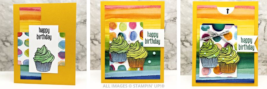 3 Cards using the Pocket Thoughts Bundle 1 3 Cards using the Pocket Thoughts Bundle by Stampin' Up! featuring 3 different card designs perfect for the beginner stamper to the stamping expert. The cards are in bright colors featuring a Happy Birthday sentiment and the Queen Bee card is a gift card holder.