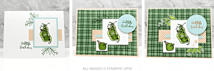 Step It Up Stamping with Sweet Peas Stamp Set 1 Step It Up Stamping with Sweet Peas Stamp Set in peaches and greens, featuring a plaid background paper and a sentiment "HaPEA Birthday!"