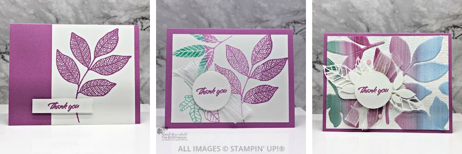 3 Cards using the Changing Leaves Bundle 1 3 Cards using the Changing Leaves Bundle in purples, and greens with a Thank You Sentiment