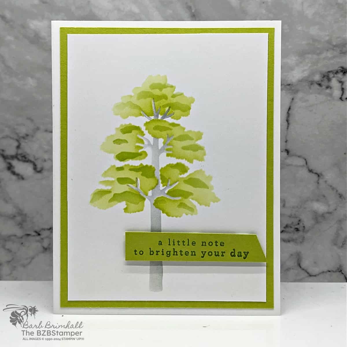 Frosted Forest Decorative Masks 1 Frosted Forest Decorative Masks featuring a green sponged tree with a sentiment "a little note to brighten your day."