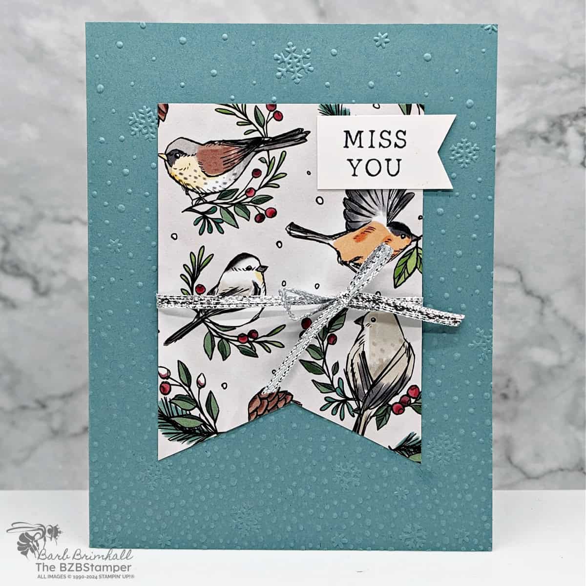 5 Minute Miss You Card Using Card Sketch 7 1 5 Minute Miss You Card Using Card Sketch 7 with pretty paper featuring winter birds and a "miss you" sentiment.