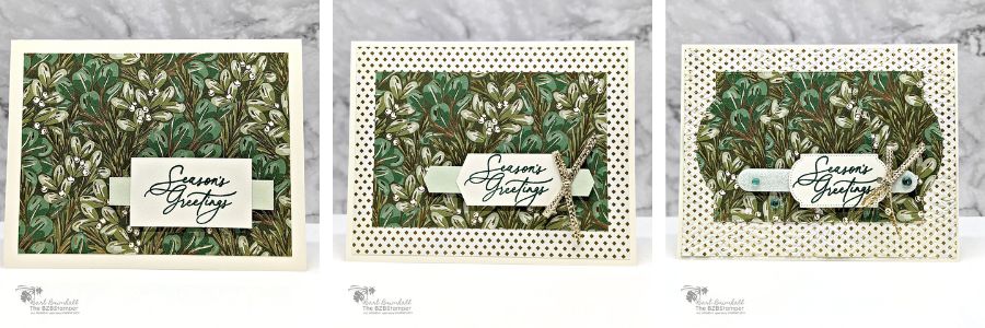 3 Cards using the Greetings Of The Season Bundle 1 3 Cards using the Greetings Of The Season Bundle in greens and golds, with pretty metallic papers and a "Seasons Greetings" sentiment.