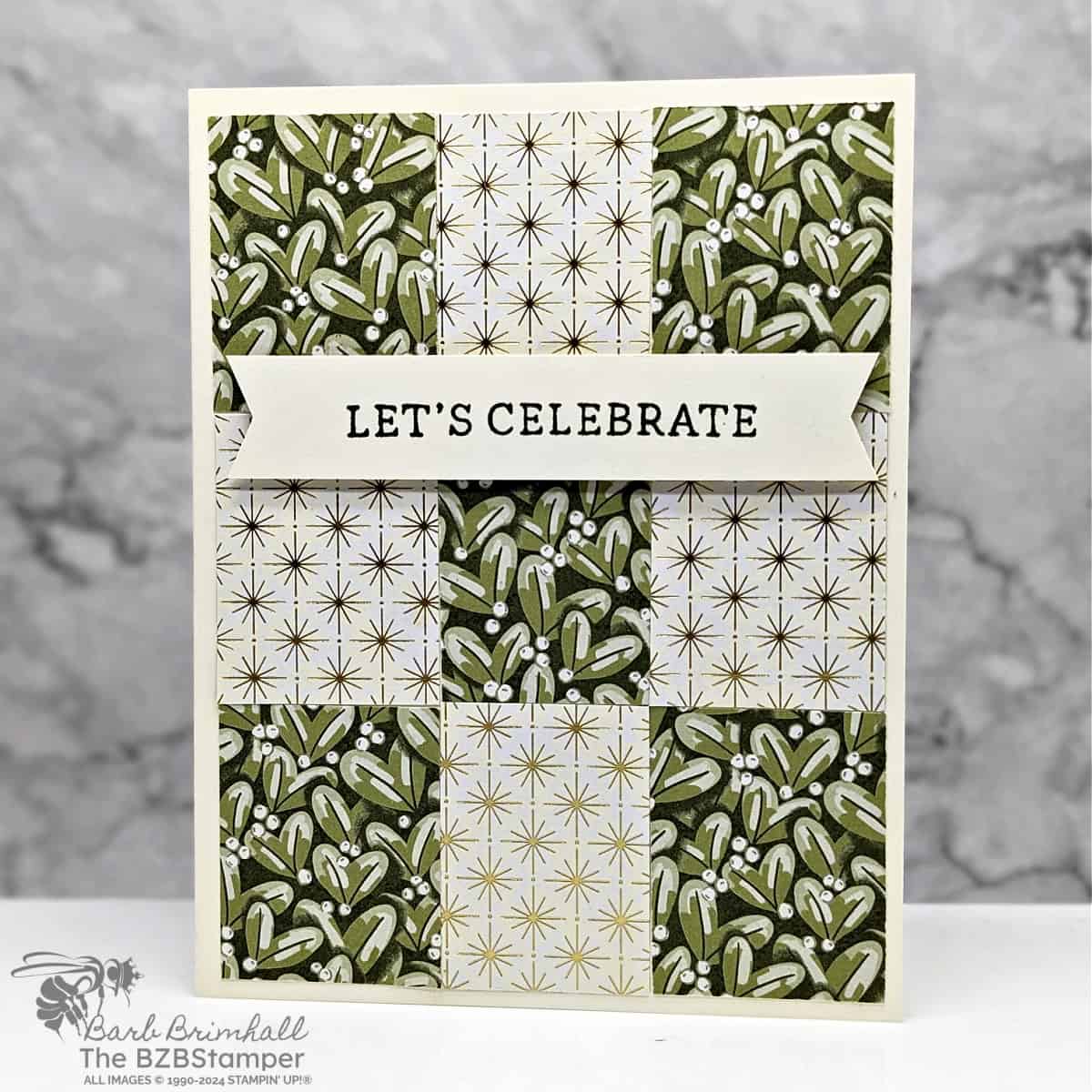 5 Minute Let's Celebrate Card Using Card Sketch 8.  Card is highlighted with a box grid pattern using the Season of Green & Gold Specialty Paper by Stampin' Up! along with a "Let's Celebrate" sentiment in Mossy Meadow Green.