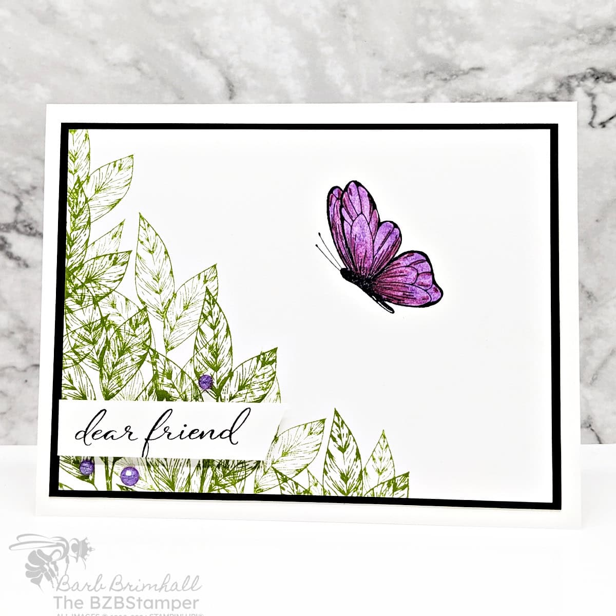 Friendship Cards with Spotlight on Nature Stamp Set 1 Cherish Friendships with Spotlight on Nature Stamp Set featuring green leaves, a purple butterfly and some pretty purple gems, with a "dear friend" sentiment.