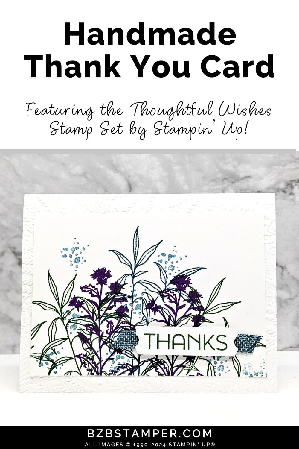 Thoughtful Wishes Thank You Card 6 Thoughtful Wishes Thank You Card featuring flowers and leaves in dark blue and purple, with an embossed leaf background and a "thanks" sentiment.