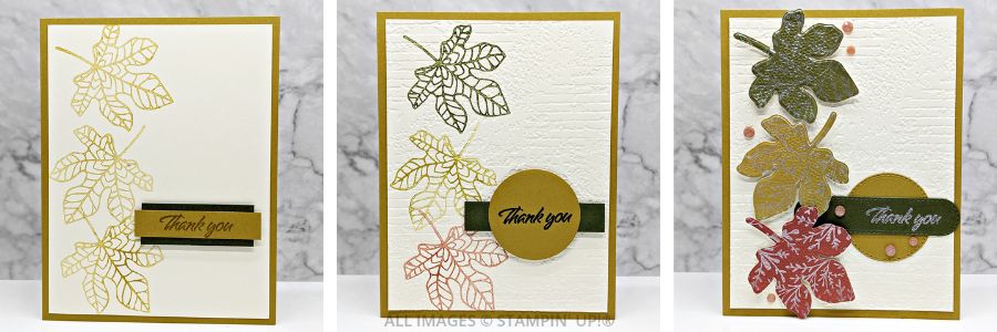 3 Cards using the Changing Leaves Stamp Set 1 3 Cards using the Changing Leaves Stamp Set in greens, golds and other fall colors, and a Thank You sentiment.
