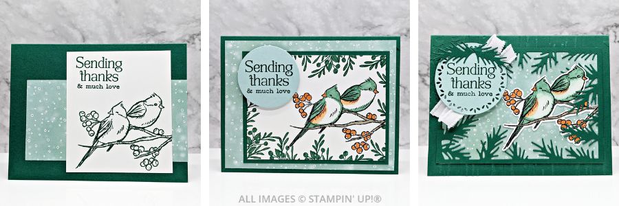 3 Cards using the Wintery Tree Tops Bundle 1 3 Cards using the Wintery Tree Tops Bundle in greens and blues paper with birds and a "sending thanks" sentiment.
