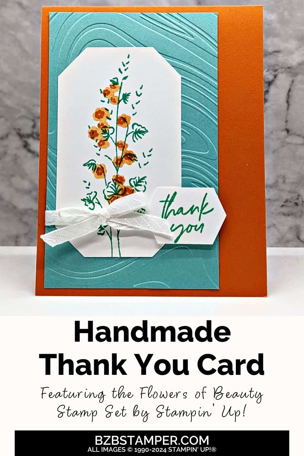 Flowers of Beauty Thank You Card 6 Flowers of Beauty Thank You Card in aqua and orange with a single flower stem, an embossed background and a thank you sentiment.