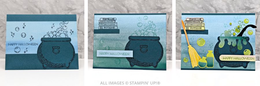3 Cards using the Potions and Spells Bundle 1 Potions and Spells Bundle featuring 3 cards in blues and greens that have a bubbling cauldron and a "happy halloween" sentiment.