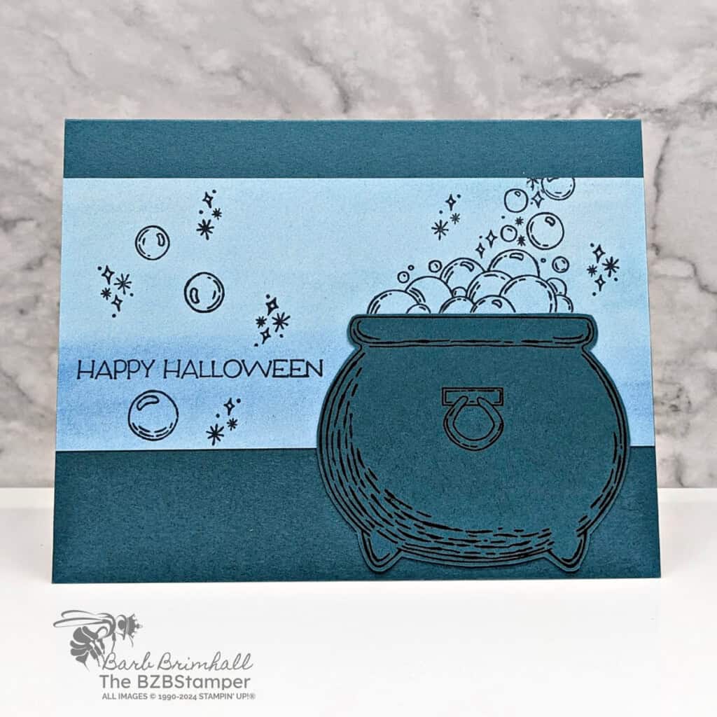 3 Cards using the Potions and Spells Bundle 2 Potions and Spells Bundle featuring 3 cards in blues and greens that have a bubbling cauldron and a "happy halloween" sentiment.