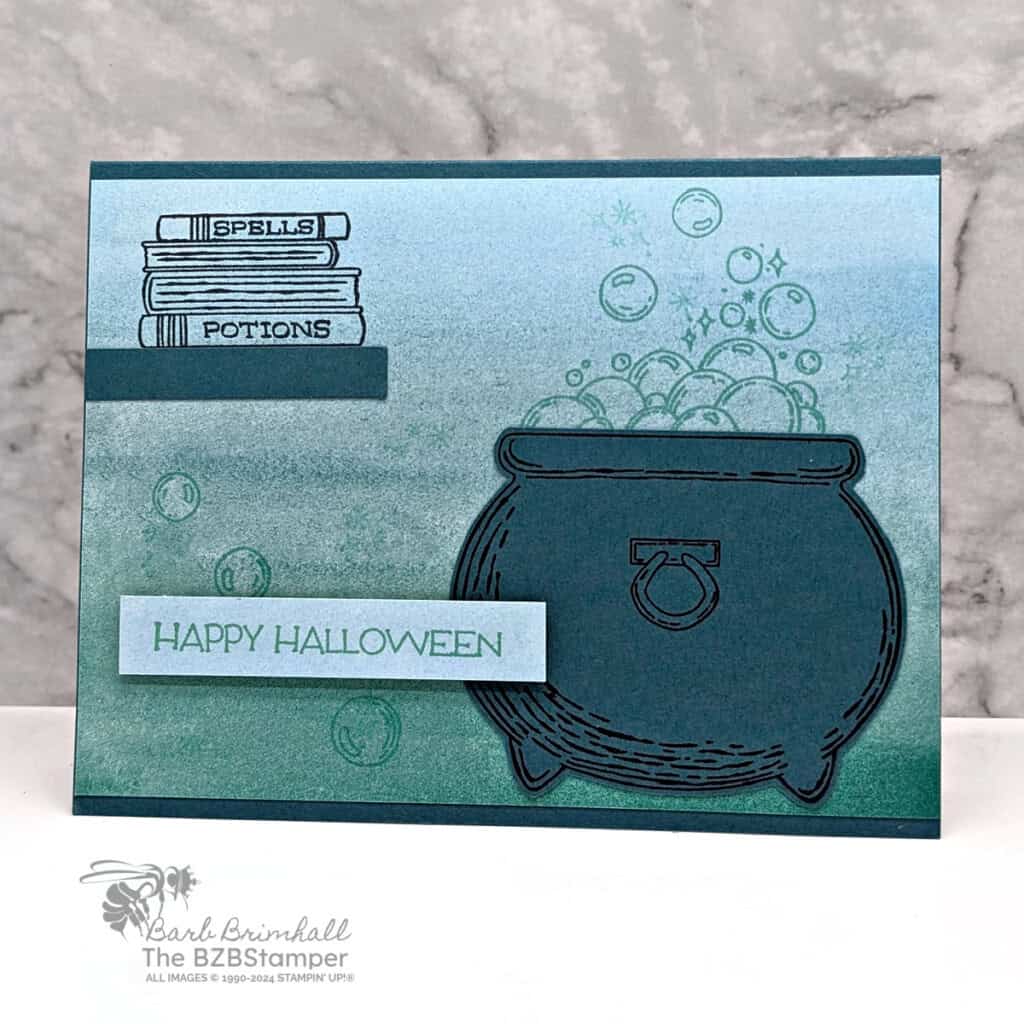 3 Cards using the Potions and Spells Bundle 3 Potions and Spells Bundle featuring 3 cards in blues and greens that have a bubbling cauldron and a "happy halloween" sentiment.
