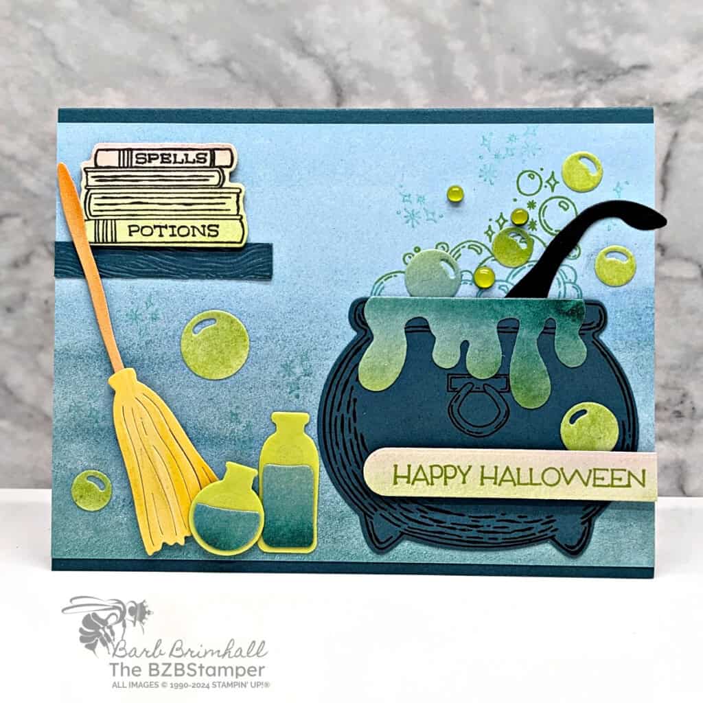 3 Cards using the Potions and Spells Bundle 4 Potions and Spells Bundle featuring 3 cards in blues and greens that have a bubbling cauldron and a "happy halloween" sentiment.