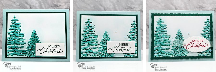 3 Cards Using the Frosted Forest Decorative Masks 1 3 Cards Using the Frosted Forest Decorative Masks featured trees in different shades of blue and green, with a "Merry Christmas" sentiment.
