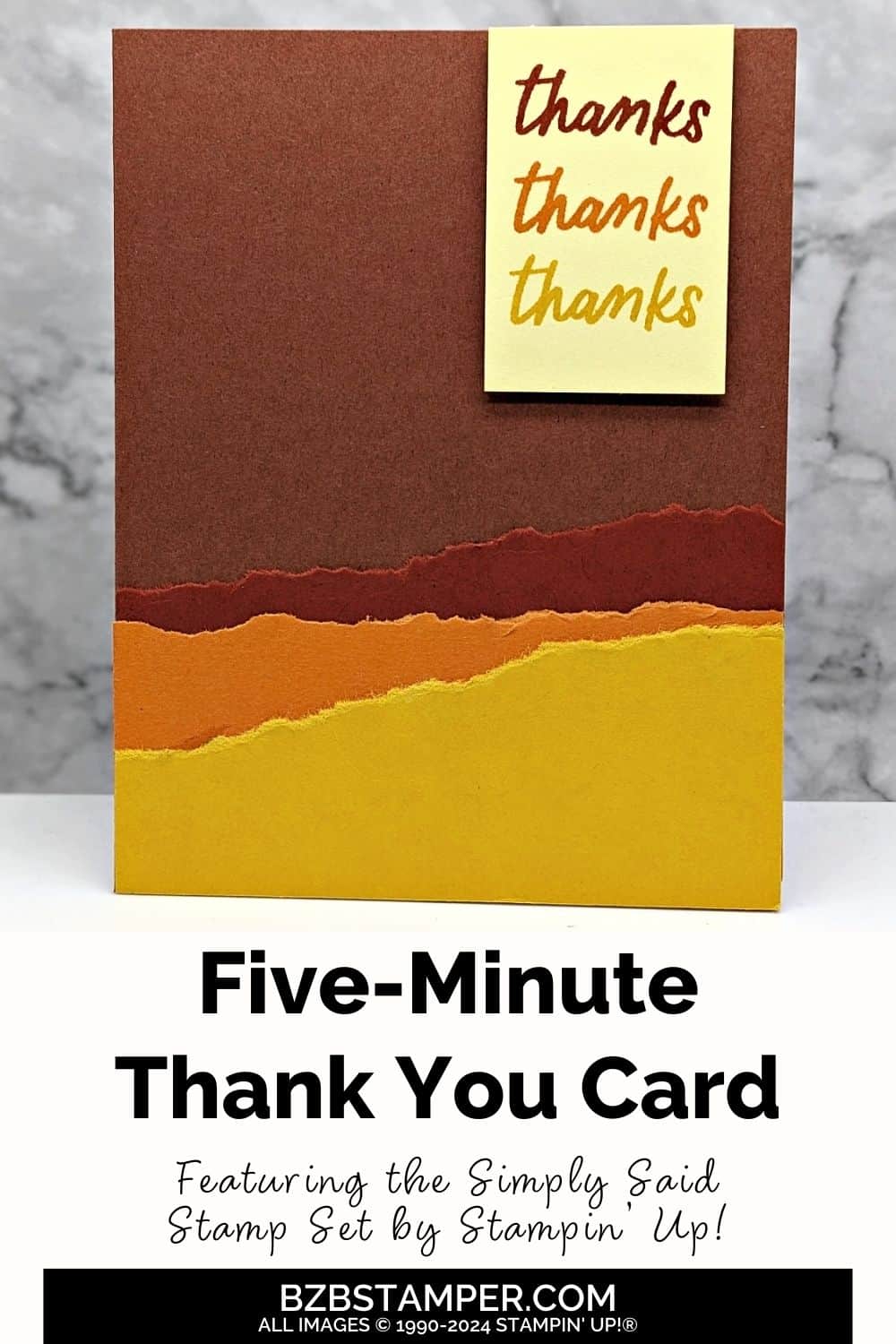 5 Minute Thank You Card Using Card Sketch 13 7 5 Minute Thank You Card Using Card Sketch #13 in autumn colors of brown, orange, yellow with a "thanks" sentiment.