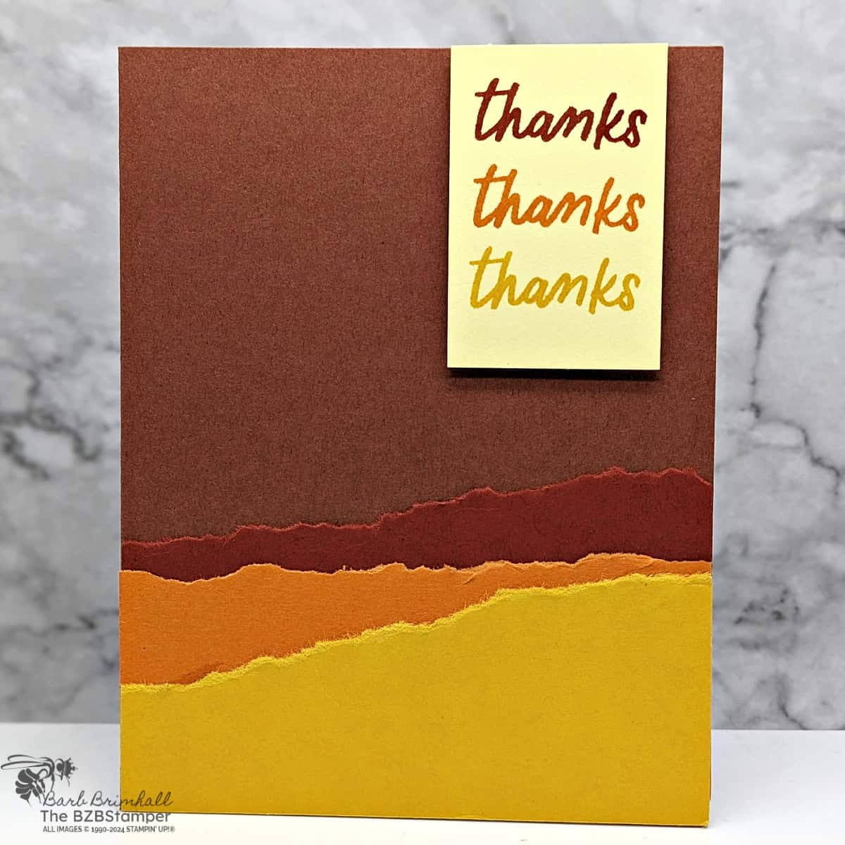 5 Minute Thank You Card Using Card Sketch 13 1 5 Minute Thank You Card Using Card Sketch #13 in autumn colors of brown, orange, yellow with a "thanks" sentiment.