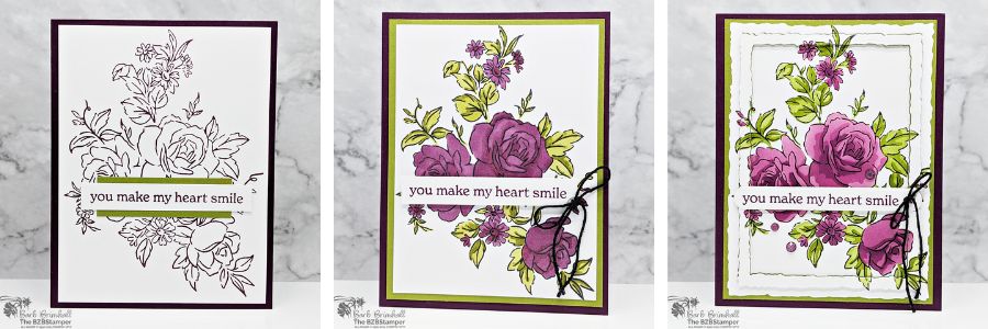3 Cards using the Layers of Beauty Bundle 1 3 Cards using the Layers of Beauty Bundle featuring roses in purples and greens with a "you make me smile sentiment.