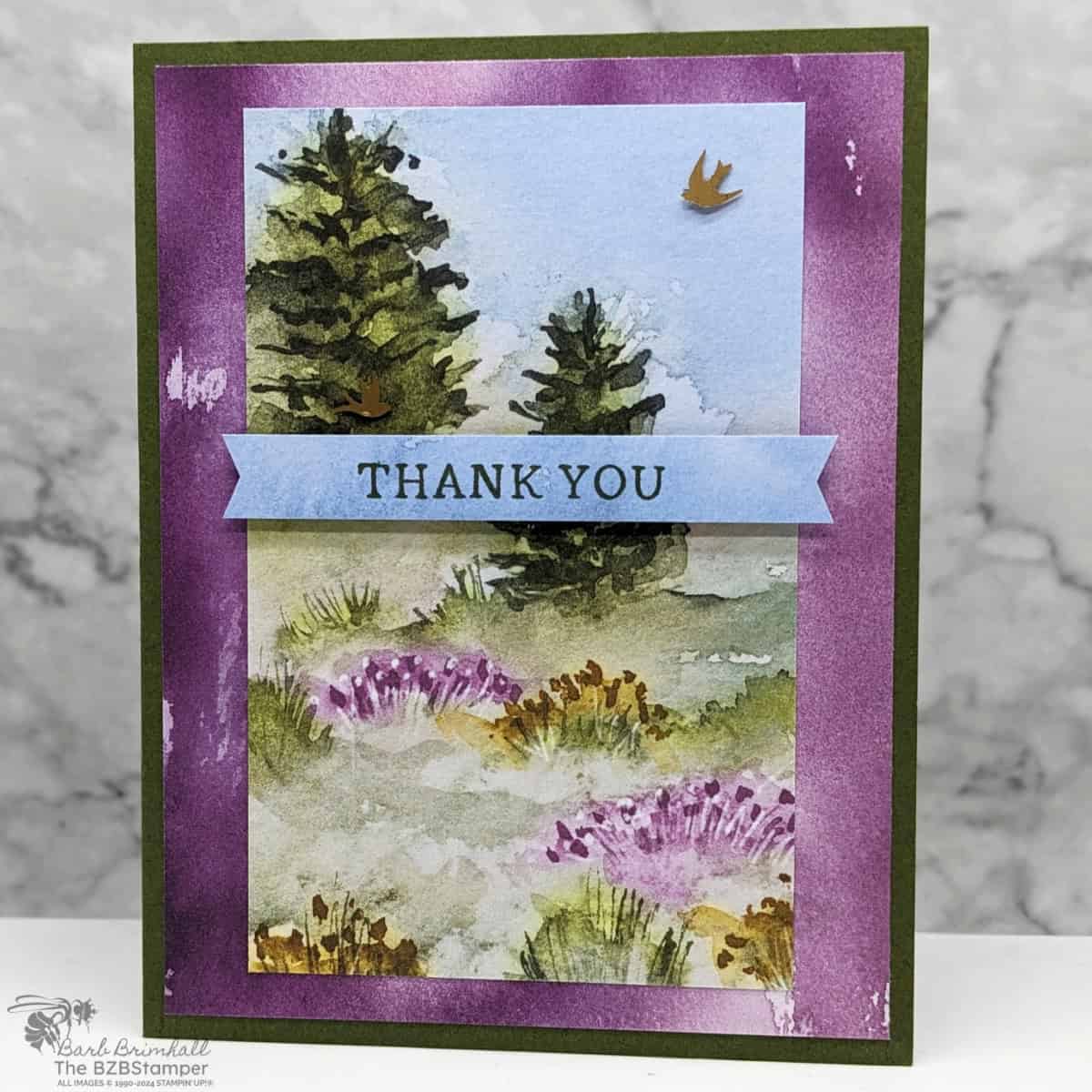 5 Minute Thank You Card using Card Sketch 14 1 5 Minute Thank You Card using Card Sketch 14 in dark green, purple and blue, with trees, flowers and 2 bird embellishments.