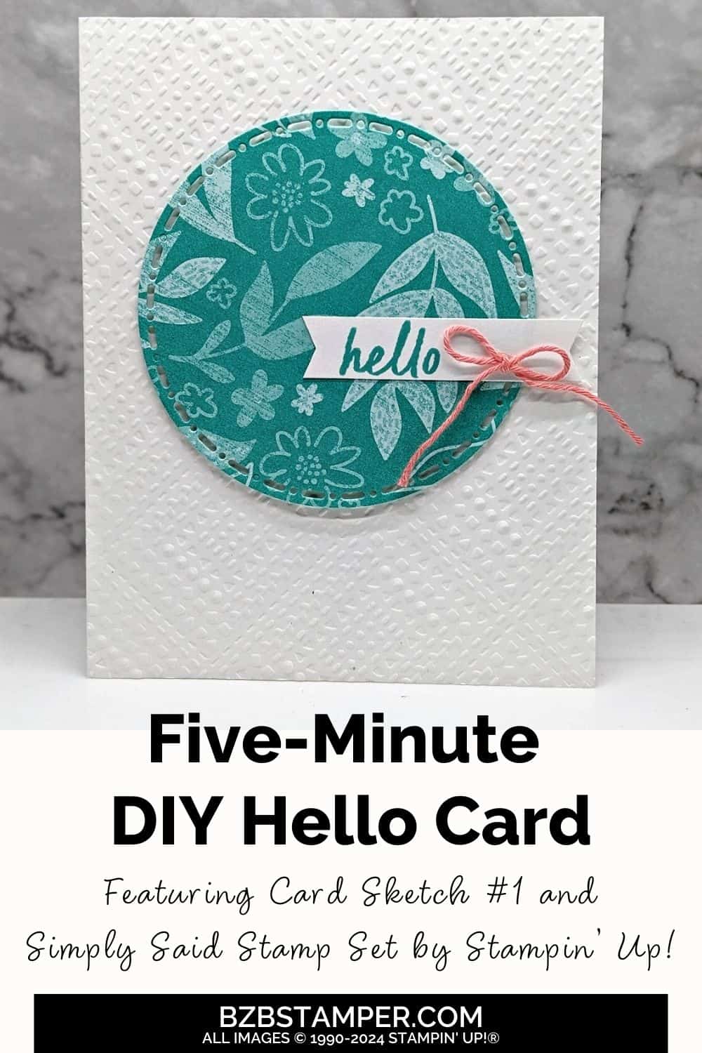 5 Minute Hello Card using Card Sketch 15 6 5 Minute Hello Card using Card Sketch 15 featuring white and blue elements, along with a coral bow. The focal point is a circle with sentiment attached.