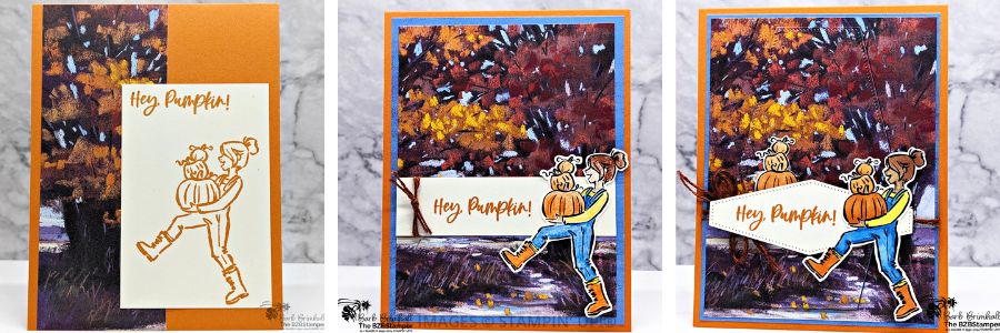 3 Cards Using the Warms My Heart Stamp Set 1 3 Cards Using the Warms My Heart Stamp Set featuring a "hey pumpkin!' sentiment, a girl in jeans carrying 3 pumpkins, and some beautiful fall background paper.
