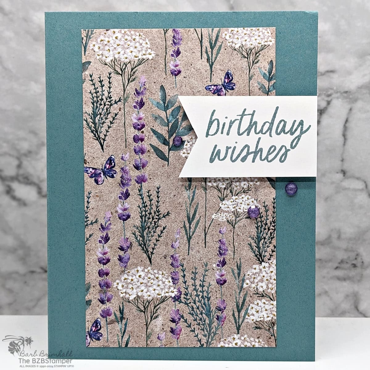 5 Minute Birthday Card using Card Sketch 16 in green and purples with pretty paper featuring flowers and butterflies and a "birthday wishes" sentiment.