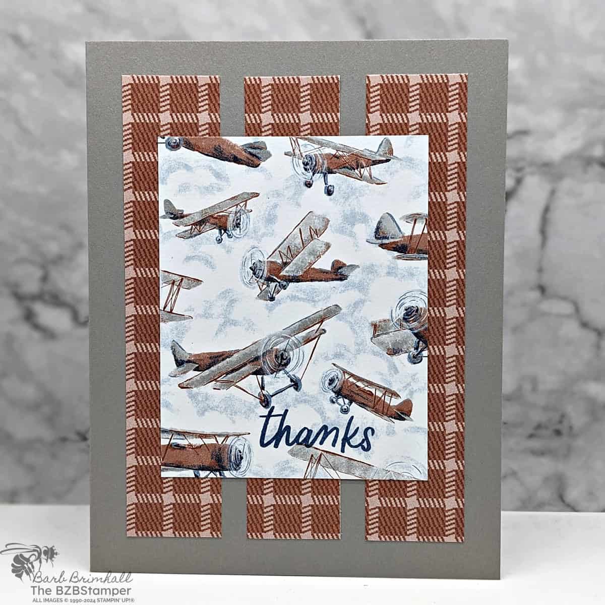 5 Minute Thank You Card using Card Sketch 17 1 5 Minute Thank You Card using Card Sketch 17 featuring old-fashioned airplanes and a plaid paper background in browns and blues.