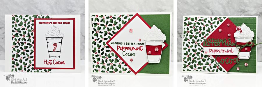 3 Cards using the More Than Autumn Stamp Set 1 3 Cards using the More Than Autumn Stamp Set featuring a hot cocoa cup with candy cane, some pretty holly paper in red and green, and a "nothings better than Hot Cocoa" sentiment.