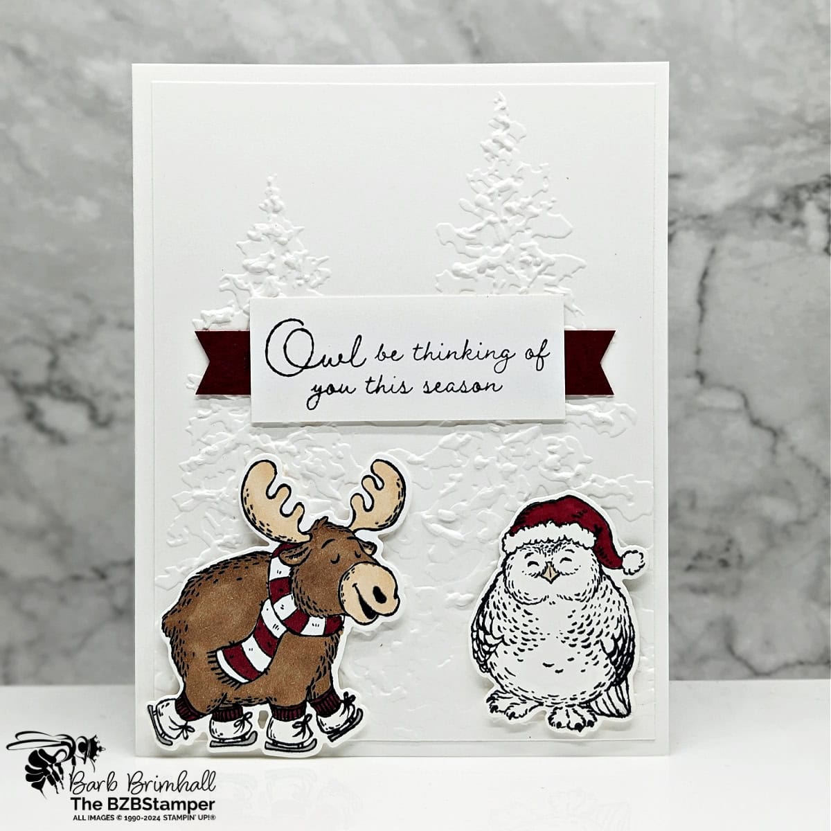 Thinking of You Card with the Christmas Friends Bundle 1 Thinking of You Card with the Christmas Friends Bundle featuring a moose and an owl in a Christmas hat with a "Owl be thinking of you this season" sentiment.