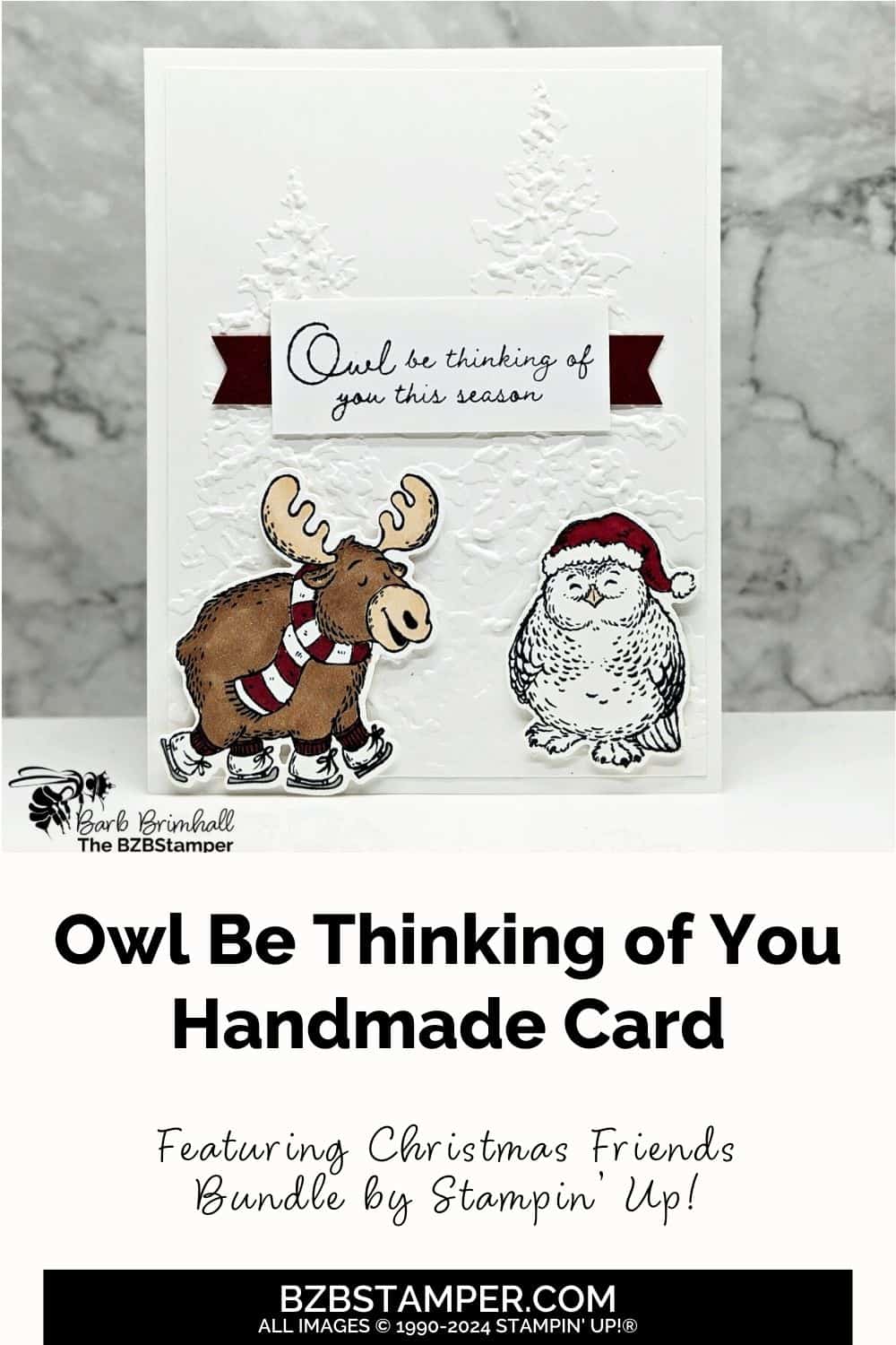 Thinking of You Card with the Christmas Friends Bundle 5 Thinking of You Card with the Christmas Friends Bundle featuring a moose and an owl in a Christmas hat with a "Owl be thinking of you this season" sentiment.